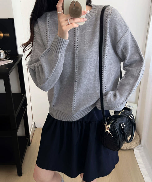 ニットトップス 秋冬クルーネックセーター レディース 透かし編みニットプルオーバー 丸首 大人カジュアルニットウェア 韓国風着やせニット 20代30代おしゃれ秋服 90SXIH-005