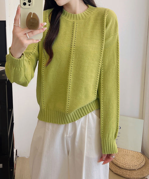 ニットトップス 秋冬クルーネックセーター レディース 透かし編みニットプルオーバー 丸首 大人カジュアルニットウェア 韓国風着やせニット 20代30代おしゃれ秋服 90SXIH-005