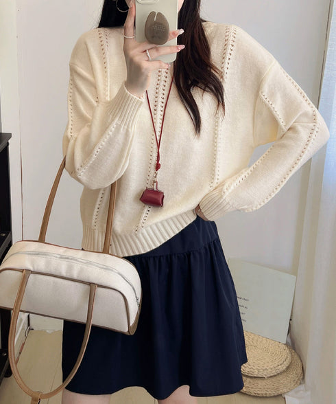 ニットトップス 秋冬クルーネックセーター レディース 透かし編みニットプルオーバー 丸首 大人カジュアルニットウェア 韓国風着やせニット 20代30代おしゃれ秋服 90SXIH-005