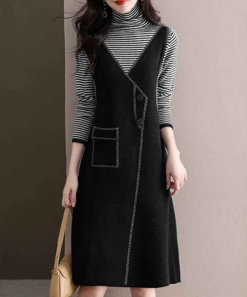 レイヤード風ニットワンピース レディース ハイネック ドッキングワンピ ボーダー柄切り替え 膝丈ワンピース 配色ステッチ 秋冬長袖インナーワンピ 大人可愛い着回し 90SXIH-008