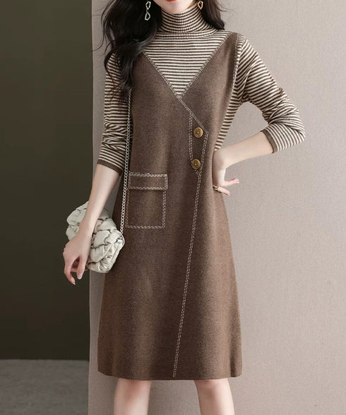 レイヤード風ニットワンピース レディース ハイネック ドッキングワンピ ボーダー柄切り替え 膝丈ワンピース 配色ステッチ 秋冬長袖インナーワンピ 大人可愛い着回し 90SXIH-008