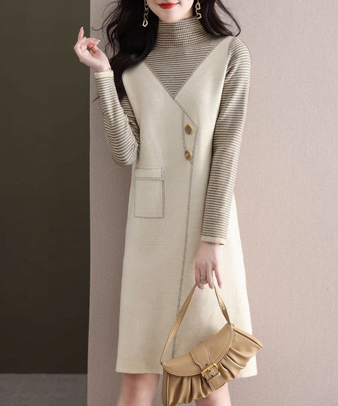 レイヤード風ニットワンピース レディース ハイネック ドッキングワンピ ボーダー柄切り替え 膝丈ワンピース 配色ステッチ 秋冬長袖インナーワンピ 大人可愛い着回し 90SXIH-008