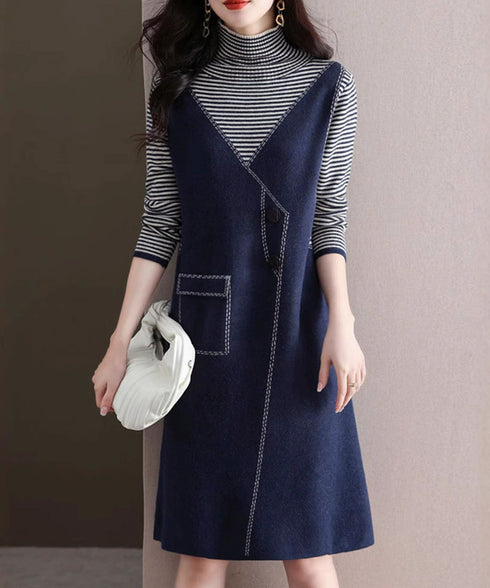 レイヤード風ニットワンピース レディース ハイネック ドッキングワンピ ボーダー柄切り替え 膝丈ワンピース 配色ステッチ 秋冬長袖インナーワンピ 大人可愛い着回し 90SXIH-008