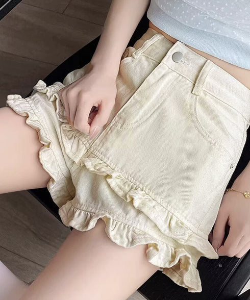 フリルショートパンツデニム ハイウエスト レディース 裾フリルデニムショーパン 美脚脚長 ミニ丈ティアードパンツ春夏 ダブルフリルボトムスデニム短パン10代20代 90TBDZ-001