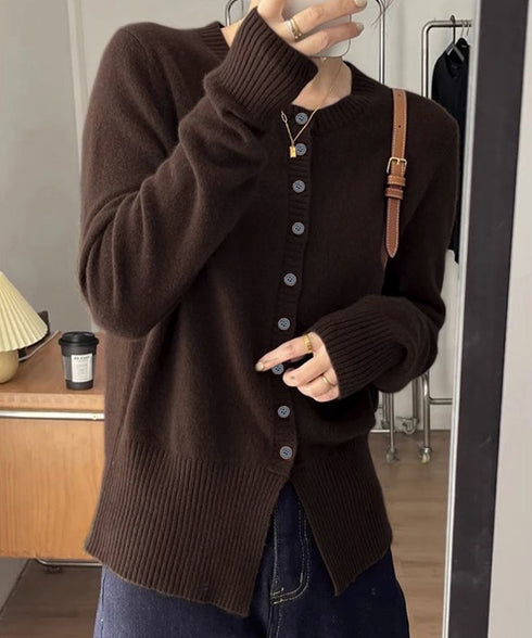 ニットセーターフロントボタンニットカーデ レディース クルーネックニットトップス オフィスカジュアル 無地リブニット スリムフィット きれいめニットウェア 着回し 90XDAKE-001