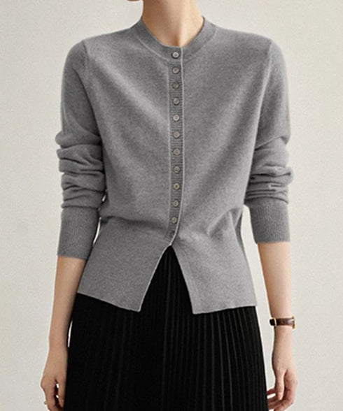 ニットセーターフロントボタンニットカーデ レディース クルーネックニットトップス オフィスカジュアル 無地リブニット スリムフィット きれいめニットウェア 着回し 90XDAKE-001