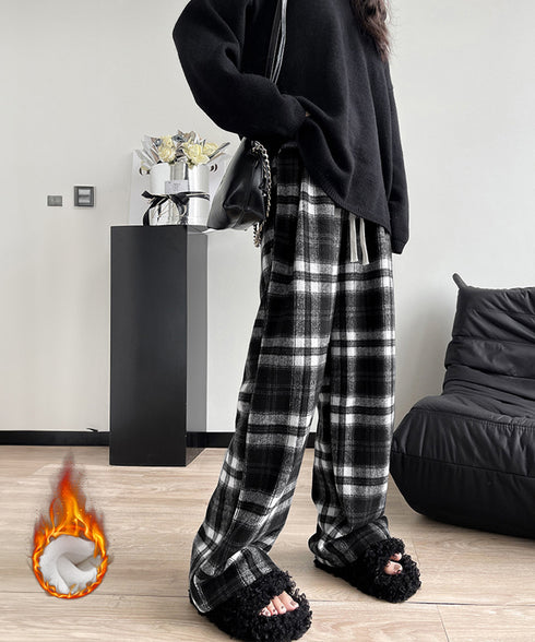 チェック柄パンツハイウエストワイドパンツ 裏起毛ノーマル2タイプ レトロロングパンツ レディース 韓国風暖かいパンツ 着やせストレートパンツ カジュアルパンツ厚手 90XFZ-001