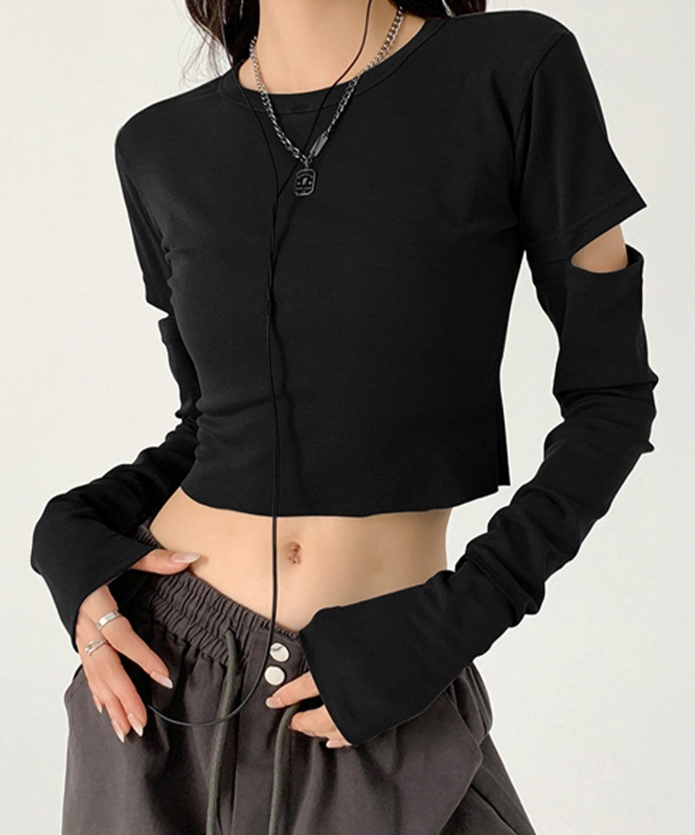 長袖Tシャツ 袖カットアウト カットソー ブラック