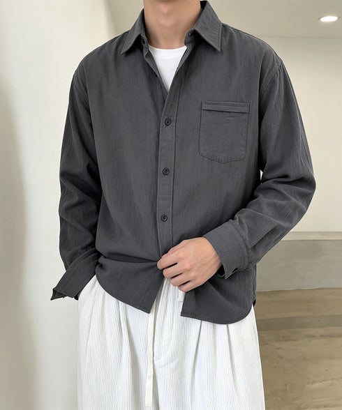 メンズ長袖シャツ綿麻風トップス韓国風秋服 リネンシャツ羽織り無地 胸ポケットカジュアルシャツ春秋 大人トップスゆったり 通勤通学 20代30代軽やかライトアウター 90XIAOD-001