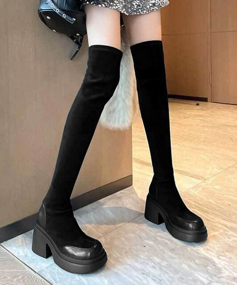 ニーハイブーツ レディース ロングブーツ スクエアトゥ 厚底 ジョッキーブーツ 履きやすい膝上ブーツ 美脚脚長ストレッチブーツ大人きれいめ 太ヒールフィットブーツ 90XMD-001