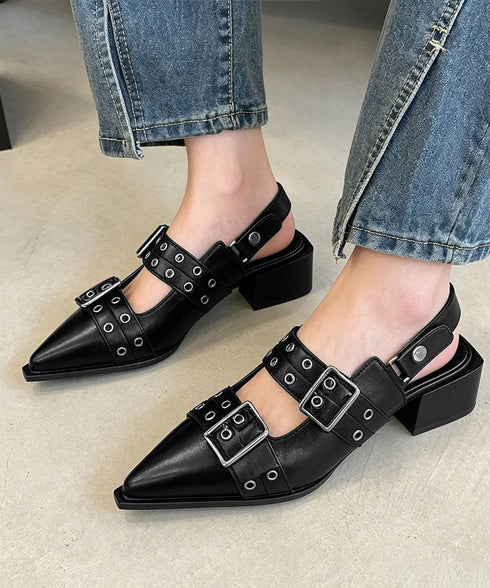ハトメベルトパンプス ポインテッドトゥ靴 チャンキーヒールパンプスレディース 歩きやすいバックストラップパンプスモード系バックルベルトメリージェーンシューズ韓国風 90XUEZ-001