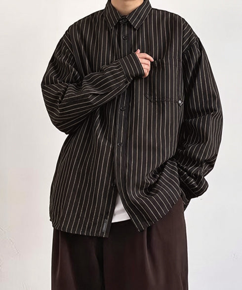 ストライプ柄シャツ メンズ秋冬シャツ長袖 ポケット付きこなれ感シャツ カジュアルビッグシャツ 体型カバーブラウス ゆったりトップス オーバーサイズ羽織り 春服秋服 90YANJI-001