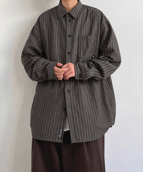 ストライプ柄シャツ メンズ秋冬シャツ長袖 ポケット付きこなれ感シャツ カジュアルビッグシャツ 体型カバーブラウス ゆったりトップス オーバーサイズ羽織り 春服秋服 90YANJI-001