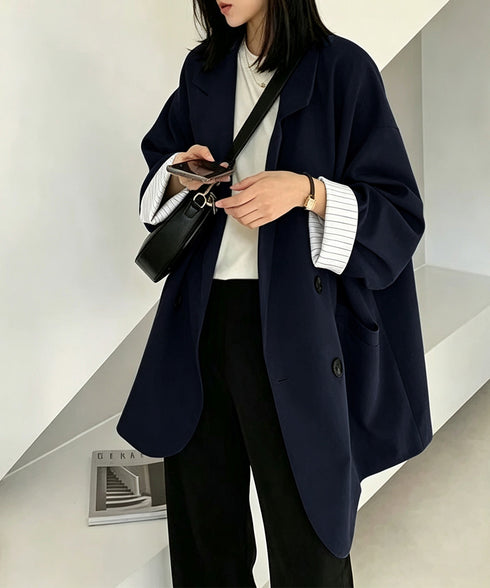 テーラードジャケット レディースミドル丈 長袖ジャケット おしゃれ 韓国風羽織りアウター ダブルブレスト 体型カバー着やせ オフィスカジュアル 通勤ライトアウター 90YAOU-001