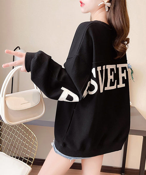 ロゴトレーナーレディースワッフルトップス 韓国風ロングTシャツ ビッグシルエット バックプリント 体型カバーゆるトップス カジュアル 長袖薄手春秋服クルーネック 90YGL-001