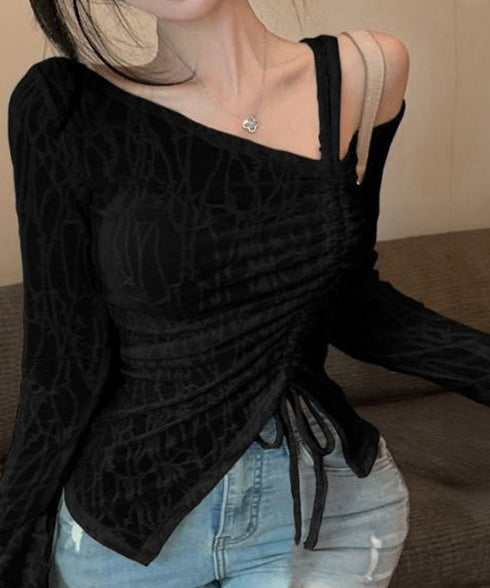ワンオフショルダーレースTシャツギャザー アシンメトリードロストトップス フレア袖カットソー シャーリングリボン タイトTシャツ シースルーレーストップスセクシー 90YGL-003