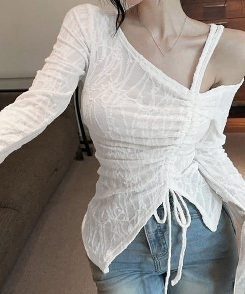 ワンオフショルダーレースTシャツギャザー アシンメトリードロストトップス フレア袖カットソー シャーリングリボン タイトTシャツ シースルーレーストップスセクシー 90YGL-003