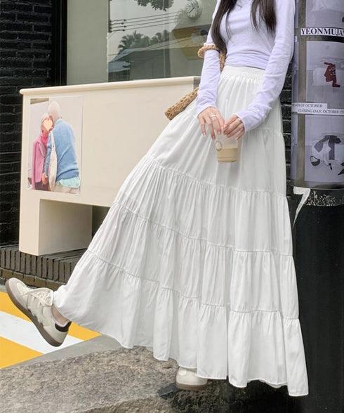 ティアードスカート 韓国風ロングスカート レディース ハイウエスト フレアスカート 裏地付きaラインスカート 大人体型カバーフレアスカート 着やせ マキシスカート 90YMY-001