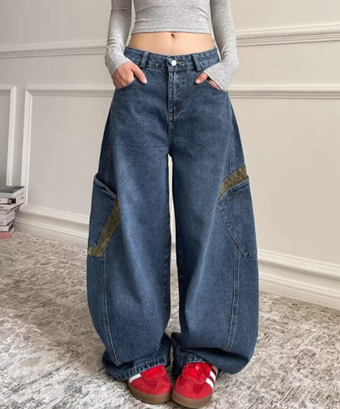 デニムカーブパンツ レオパード柄ポケット レトロ風ロングパンツ レディース ハイウエスト ワイドパンツ ポケット付き バナナパンツ カジュアル ボトムス 美脚脚長 90ZHIM-001