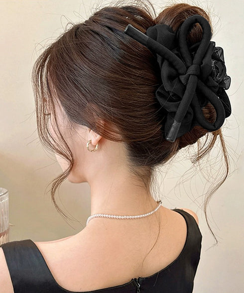 リボンヘアクリップ大きめ バンスクリップ おしゃれ髪飾り 韓国風 まとめ髪 夜会巻き髪飾り きれいめヘアアクセサリー メッシュフリル 大人可愛いヘアアレンジグッズ 90ZHIYI-001