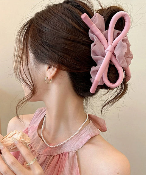 リボンヘアクリップ大きめ バンスクリップ おしゃれ髪飾り 韓国風 まとめ髪 夜会巻き髪飾り きれいめヘアアクセサリー メッシュフリル 大人可愛いヘアアレンジグッズ 90ZHIYI-001