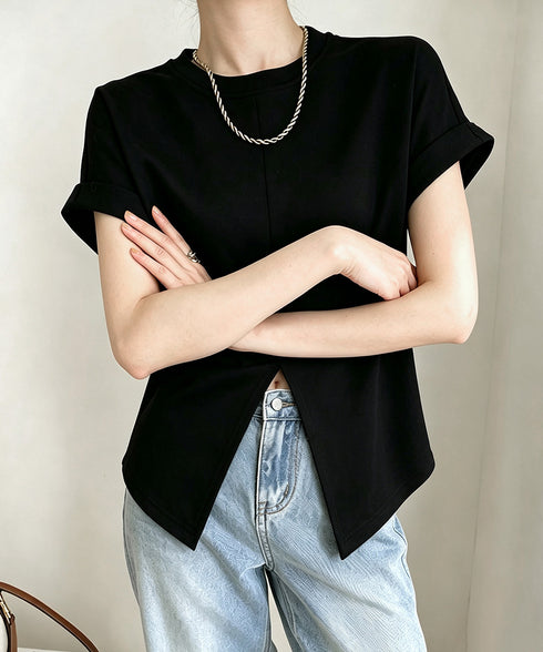 フロントスリットtシャツレディース韓国風 クルーネックtシャツ半袖 無地ロングTシャツ カジュアルきれいめ ウエストギャザーTシャツ シンプルおしゃれトップス春夏 90ZHUIMR-002