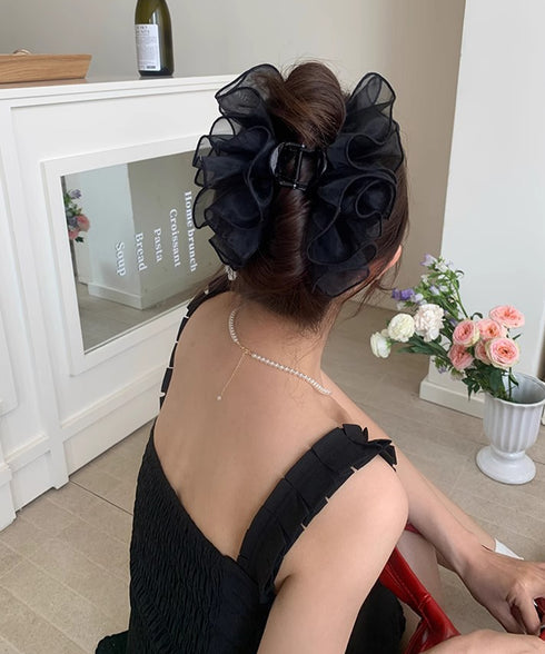 シフォンフリル ボリュームバンスクリップ 大人可愛いオーガンジーヘアクリップ 大ぶりクリップ ヘアアクセサリー まとめ髪韓国風大人可愛い春夏ヘアアレンジ結婚式ヘア 90AILK-001