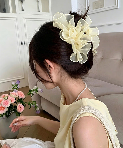 シフォンフリル ボリュームバンスクリップ 大人可愛いオーガンジーヘアクリップ 大ぶりクリップ ヘアアクセサリー まとめ髪韓国風大人可愛い春夏ヘアアレンジ結婚式ヘア 90AILK-001
