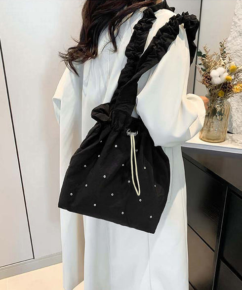 ギャザートートバッグ 巾着型トート大容量 シャーリングショルダー 巾着バッグ キラキラbag ラインストーン付きバッグ 通勤通学肩掛けバッグ オルチャン鞄 可愛い 90BAIGOU-007