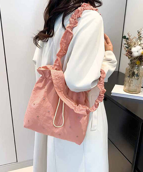 ギャザートートバッグ 巾着型トート大容量 シャーリングショルダー 巾着バッグ キラキラbag ラインストーン付きバッグ 通勤通学肩掛けバッグ オルチャン鞄 可愛い 90BAIGOU-007