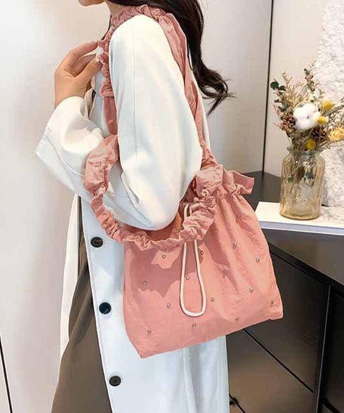 ギャザートートバッグ 巾着型トート大容量 シャーリングショルダー 巾着バッグ キラキラbag ラインストーン付きバッグ 通勤通学肩掛けバッグ オルチャン鞄 可愛い 90BAIGOU-007