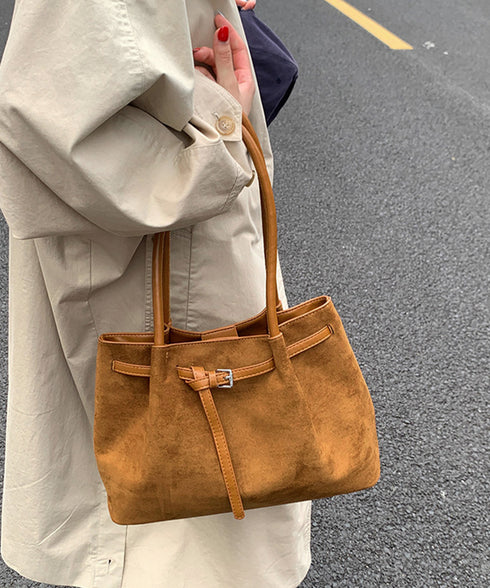 スエード調トートバッグ ベルトデザイン鞄 レディース 韓国風肩掛けカバン 軽量大容量 レトロバッグ シンプル通学通勤かばん 仕事バッグ 微起毛バッグ 手提げバッグ 90BAIGOU-008