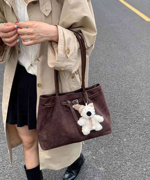 スエード調トートバッグ ベルトデザイン鞄 レディース 韓国風肩掛けカバン 軽量大容量 レトロバッグ シンプル通学通勤かばん 仕事バッグ 微起毛バッグ 手提げバッグ 90BAIGOU-008
