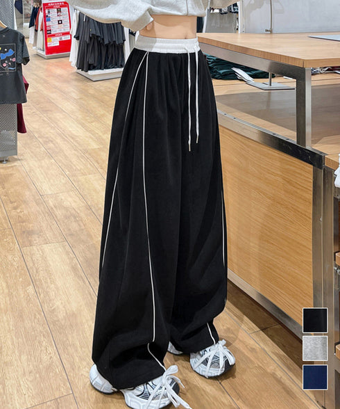 配色ラインスウェットパンツ ワイドパンツ レディースサイドラインルーズパンツ Y2Kイージーパンツ ヒップホップダンス衣装 スポーティパンツトラックパンツ美脚見え 90CHATY-001