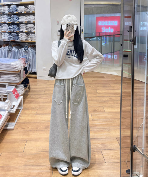 バルーンスウェットパンツレディース韓国風 ワンポイント刺しゅうロゴ イージーパンツ ハイウエストワイドパンツ 美脚脚長スポーティーパンツ 楽ちん部屋着 カジュアル 90CHATY-002