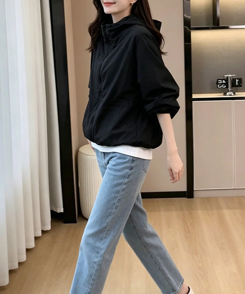 シアーフーディージャケットレディース夏服 フード付き シアーパーカー 冷房対策 UV対策 大人カジュアル 薄手軽量羽織り 持ち運び楽ちん ライトアウター体型カバー 90CHENF-001