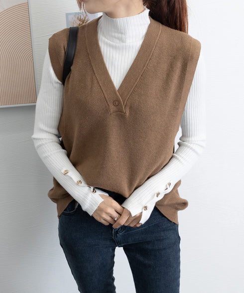 モックネック ニットトップス 長袖秋冬服 韓国風 大人きれいめ ニットセーター 無地 ニットインナー 袖ボタンニットカットソー オフィスカジュアル チクチクしない 90CHENXINI-004