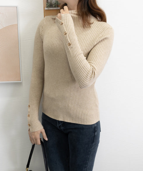 モックネック ニットトップス 長袖秋冬服 韓国風 大人きれいめ ニットセーター 無地 ニットインナー 袖ボタンニットカットソー オフィスカジュアル チクチクしない 90CHENXINI-004