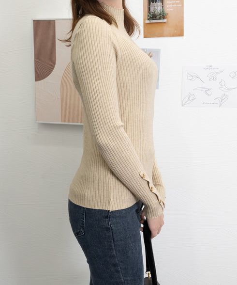 モックネック ニットトップス 長袖秋冬服 韓国風 大人きれいめ ニットセーター 無地 ニットインナー 袖ボタンニットカットソー オフィスカジュアル チクチクしない 90CHENXINI-004