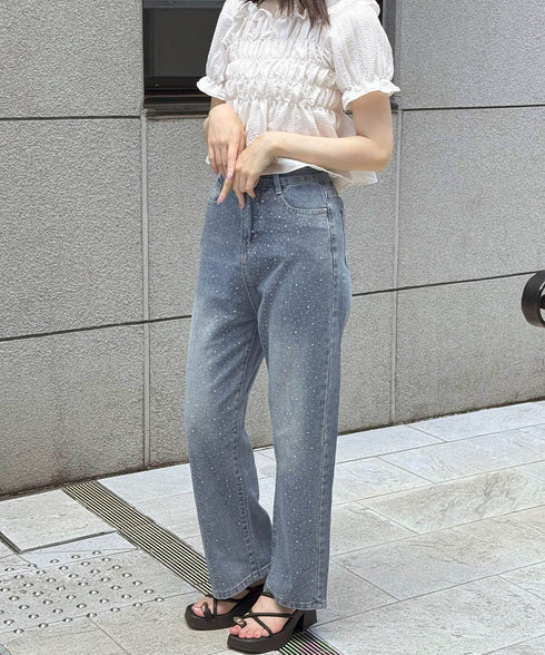 キラキラデニムパンツラインストーンデニム レディース ハイウエスト ウォッシュデニムパンツ 美脚脚長ジーパン ブリーチデニムストレートパンツ 韓国風ジーンズお洒落 90CHENXINI-009