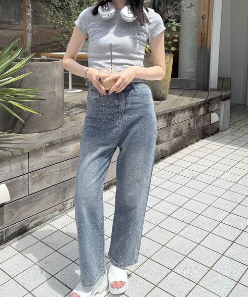 キラキラデニムパンツラインストーンデニム レディース ハイウエスト ウォッシュデニムパンツ 美脚脚長ジーパン ブリーチデニムストレートパンツ 韓国風ジーンズお洒落 90CHENXINI-009