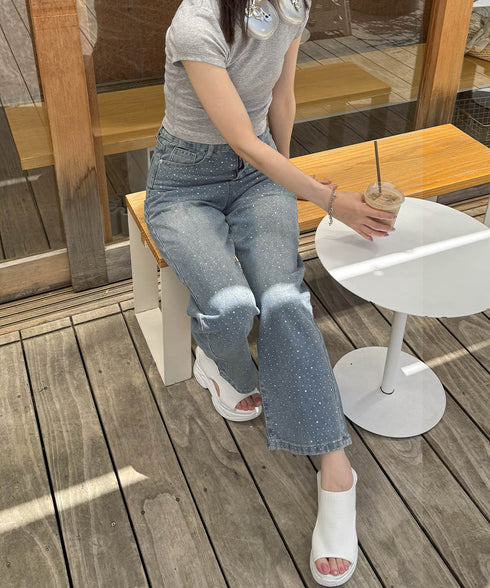 キラキラデニムパンツラインストーンデニム レディース ハイウエスト ウォッシュデニムパンツ 美脚脚長ジーパン ブリーチデニムストレートパンツ 韓国風ジーンズお洒落 90CHENXINI-009