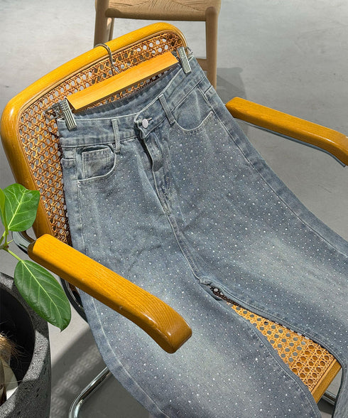 キラキラデニムパンツラインストーンデニム レディース ハイウエスト ウォッシュデニムパンツ 美脚脚長ジーパン ブリーチデニムストレートパンツ 韓国風ジーンズお洒落 90CHENXINI-009