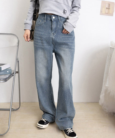 キラキラデニムパンツラインストーンデニム レディース ハイウエスト ウォッシュデニムパンツ 美脚脚長ジーパン ブリーチデニムストレートパンツ 韓国風ジーンズお洒落 90CHENXINI-009
