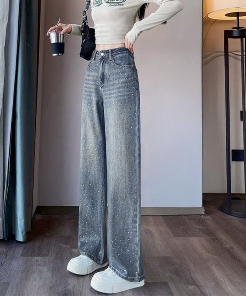 キラキラデニムパンツラインストーンデニム レディース ハイウエスト ウォッシュデニムパンツ 美脚脚長ジーパン ブリーチデニムストレートパンツ 韓国風ジーンズお洒落 90CHENXINI-009