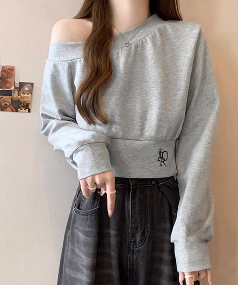 オフショルスウェット 肩見せ トレーナー 韓国風 オフショルダートップス 春秋 ショート丈トレーナー 長袖スウェット 肌見せ お洒落 ダンス服 セクシーtシャツ 90CHENXINI-010