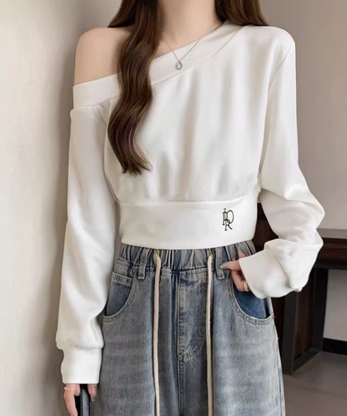 オフショルスウェット 肩見せ トレーナー 韓国風 オフショルダートップス 春秋 ショート丈トレーナー 長袖スウェット 肌見せ お洒落 ダンス服 セクシーtシャツ 90CHENXINI-010