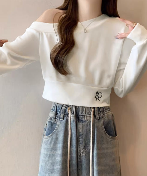 オフショルスウェット 肩見せ トレーナー 韓国風 オフショルダートップス 春秋 ショート丈トレーナー 長袖スウェット 肌見せ お洒落 ダンス服 セクシーtシャツ 90CHENXINI-010