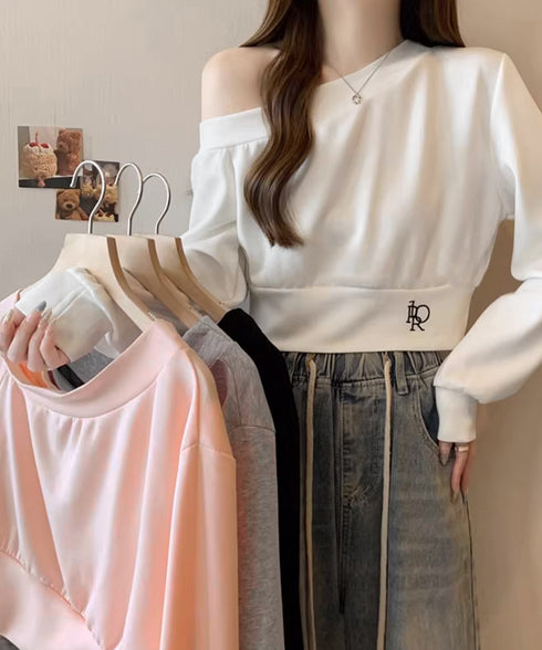 オフショルスウェット 肩見せ トレーナー 韓国風 オフショルダートップス 春秋 ショート丈トレーナー 長袖スウェット 肌見せ お洒落 ダンス服 セクシーtシャツ 90CHENXINI-010