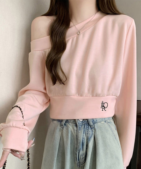 オフショルスウェット 肩見せ トレーナー 韓国風 オフショルダートップス 春秋 ショート丈トレーナー 長袖スウェット 肌見せ お洒落 ダンス服 セクシーtシャツ 90CHENXINI-010